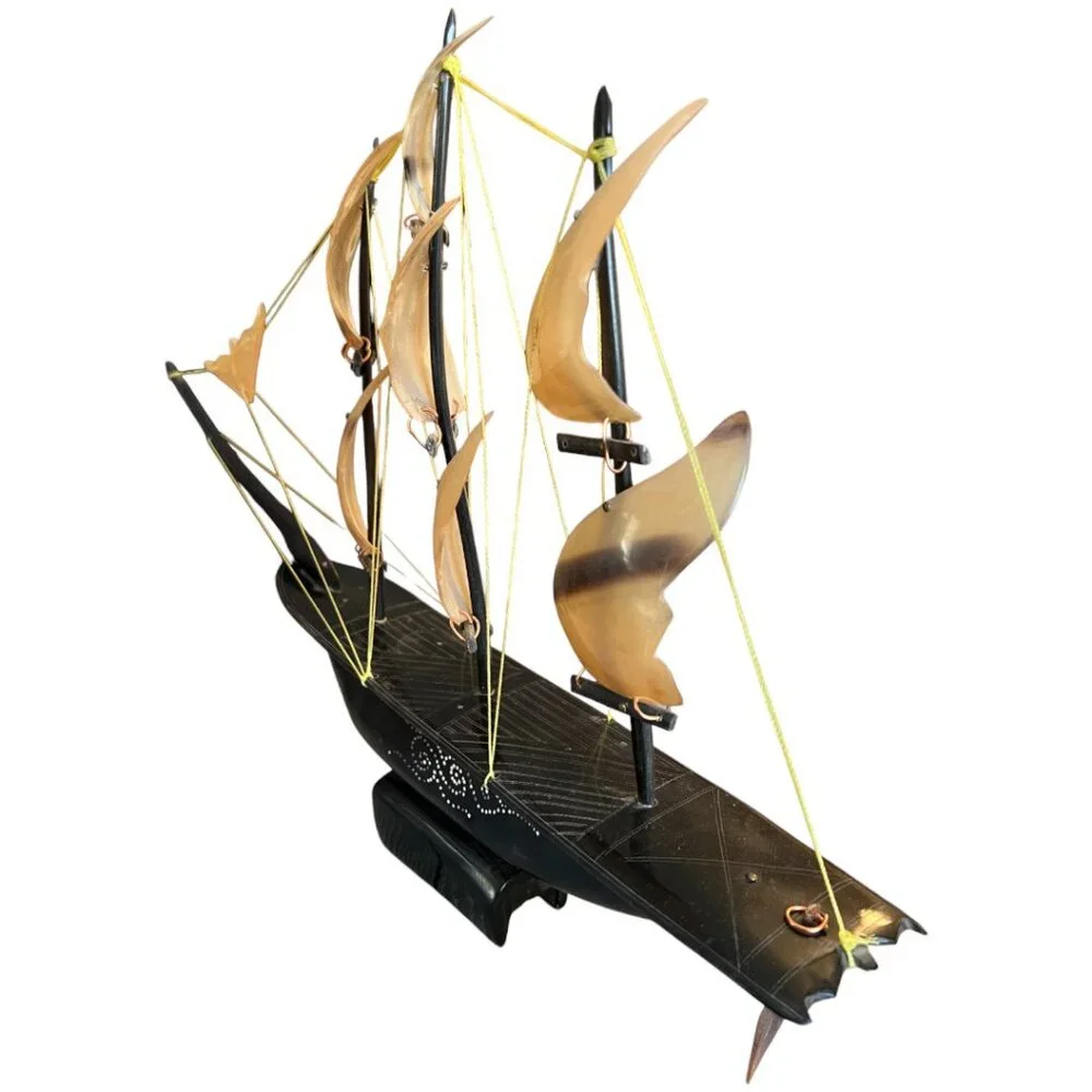 Rare! Large Vtg Bone and Horn Sailboat Hand-Engraved Inlay 17.5" long x 12" tall - Picture 5 of 15